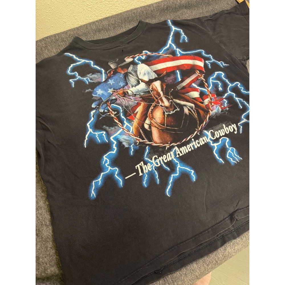 Vintage 90s American Thunder Great American Cowboy Lightning AOP Single Stitch T